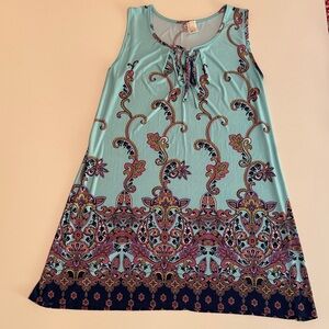 Sleeveless Aqua Paisley Border Print Dress with Tie Neck M